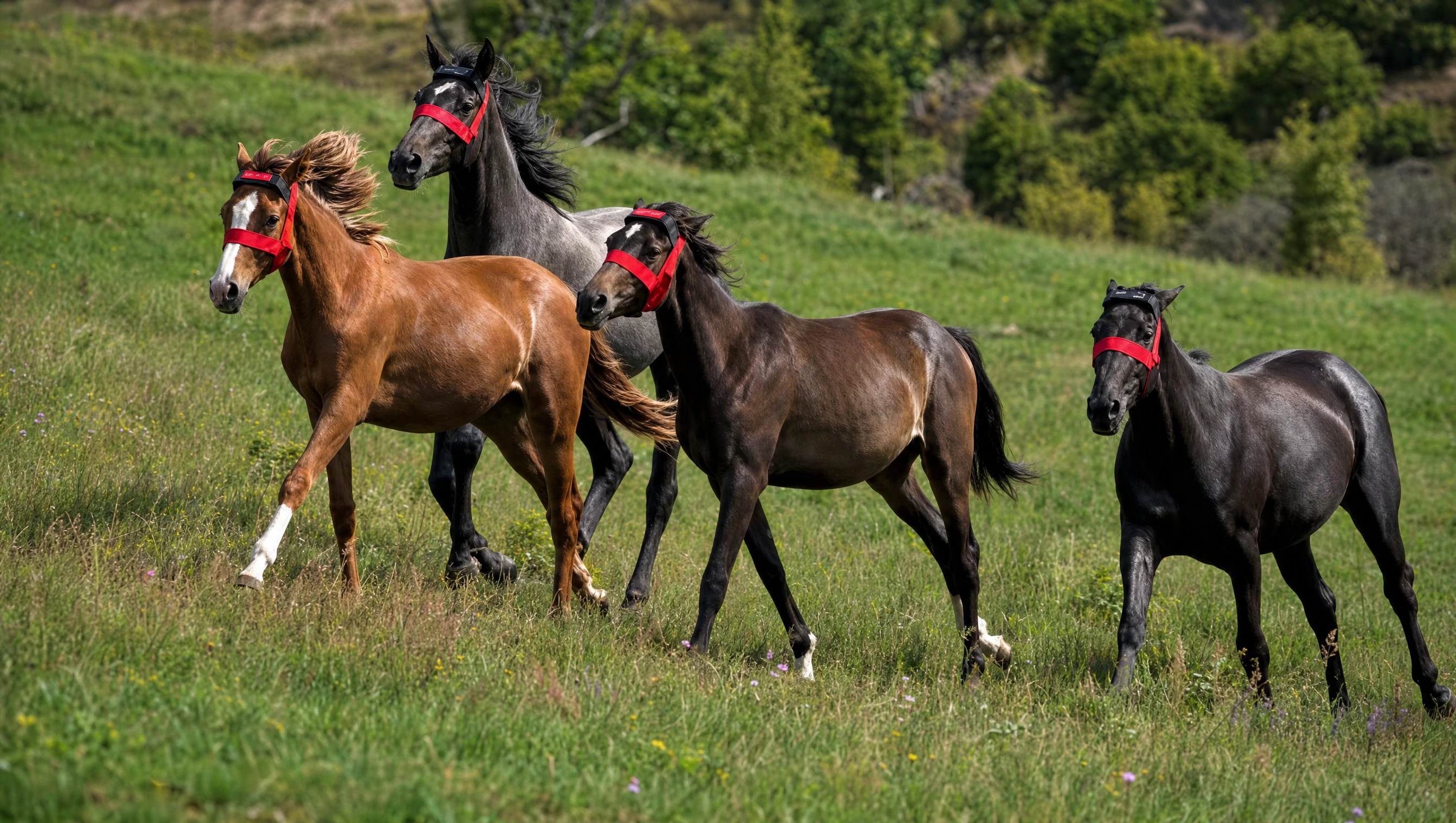 Four horses wearing Hoofstep headgear moving through a sunlit meadow