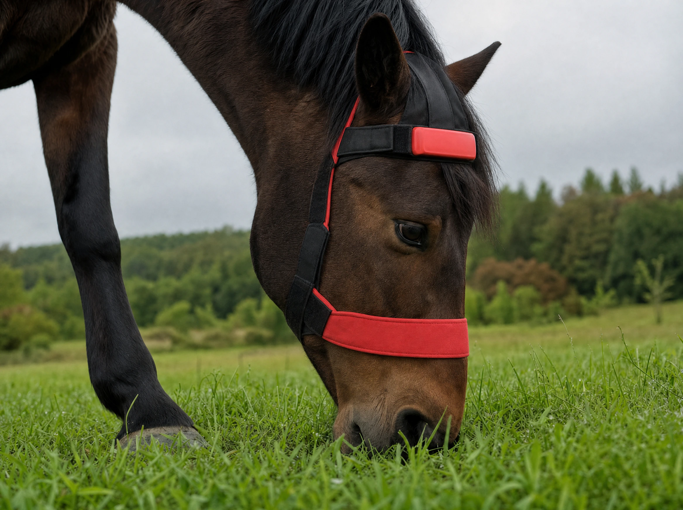 A horse wearing Hoofstep headgear grazing in fresh green pasture