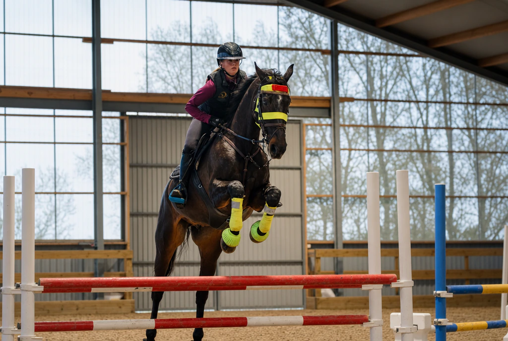 A horse and rider wearing existing Hoofstep equipment clear a jump